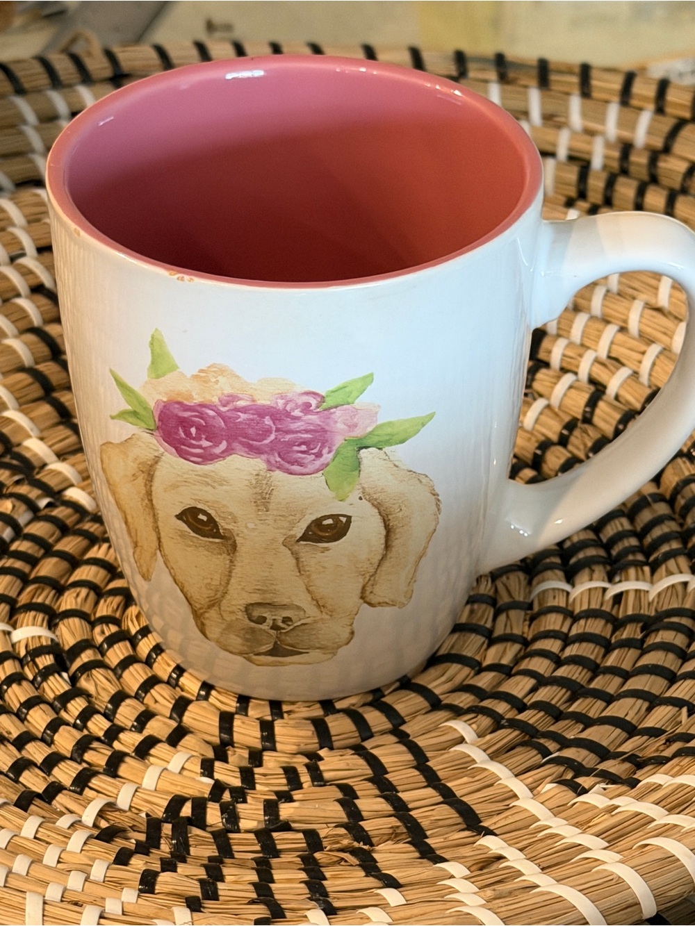 Boston Warehouse White Ceramic Dog Mug with Pink Interior and Floral Accent
